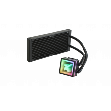 Xidax Ultra RGB 240mm AIO Black cooler showing radiator, tubing, and illuminated RGB pump block