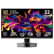 MSI MPG 322URX QD-OLED 4K 240Hz monitor front view with spec badges and colorful screen art